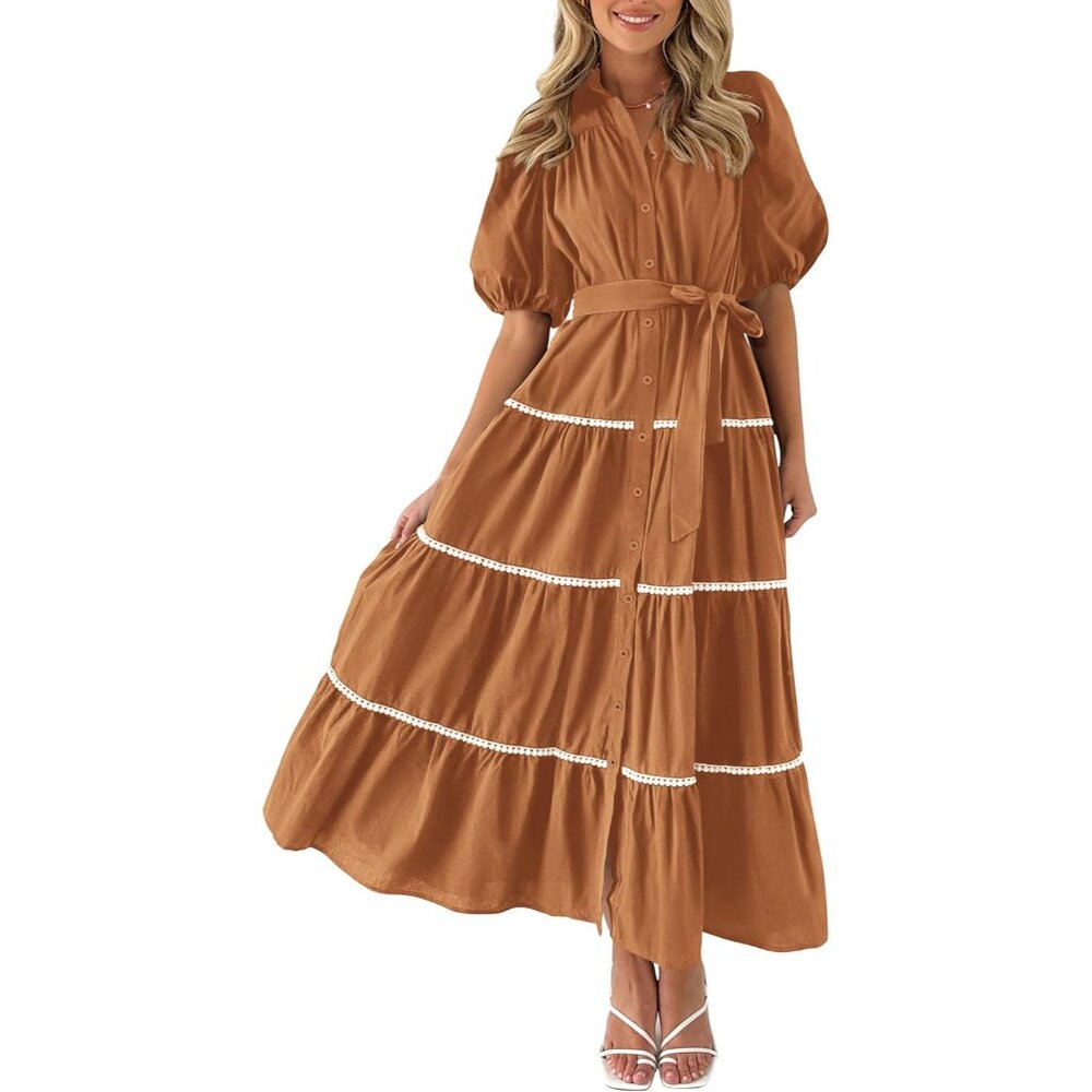 Women's Maxi Dress V Neck Puff Sleeve Tiered Ruffle Flowy Casual Elegant